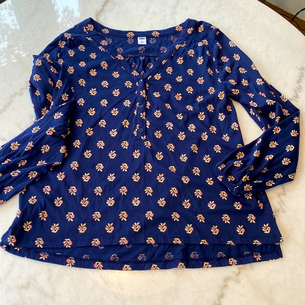 Pretty Navy Blue Boho Top with yellow/orange flowers.
